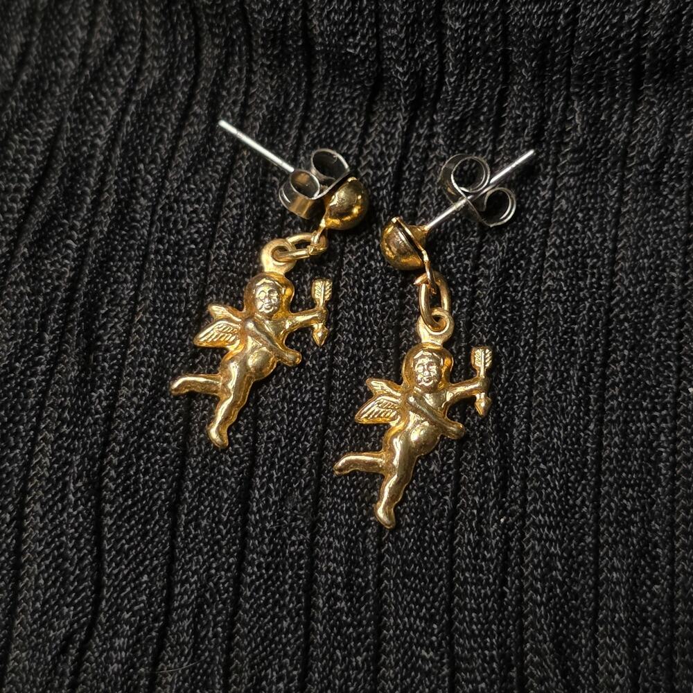 Vintage Gold Tone Cupid Cherub Dangle Earrings Bow Arrow Romantic Angel